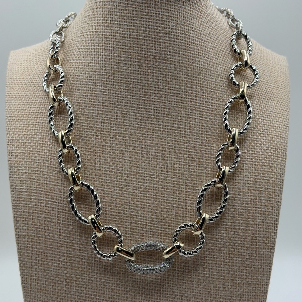 Two-Tone Silver and Gold Pave Link Necklace